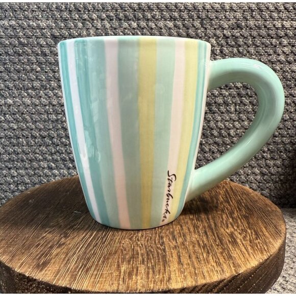2002 Starbucks Barista Coffee Mug Cup with Green Teal White Pastel Stripes - Picture 1 of 10